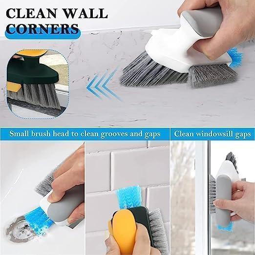 Qokzek Tile Grout Cleaner Brush 4 in 1 with Squeegee,Bathroom Cleaning Brushes,V-Shape Gap Scrub Brush Crevice Cleaning Brush Tools, Multifunctional scrubbing Floor Brush (Yellow)